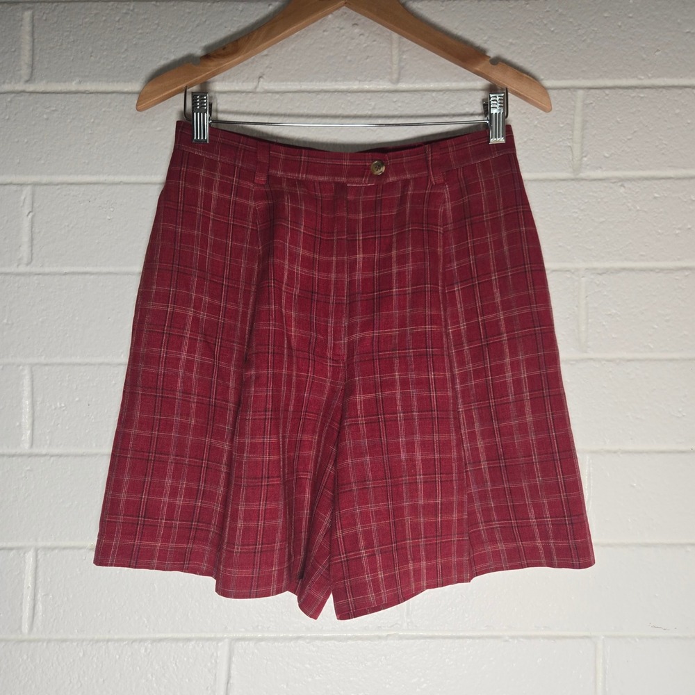 Vtg Talbots Plaid Shorts 8 Red Rayon Linen High Rise 90s Preppy Tartan Academia